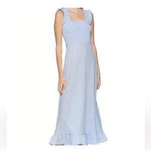Ganni Seersucker Smocked Maxi Midi Dress NWT Baby Blue Gingham 0 32